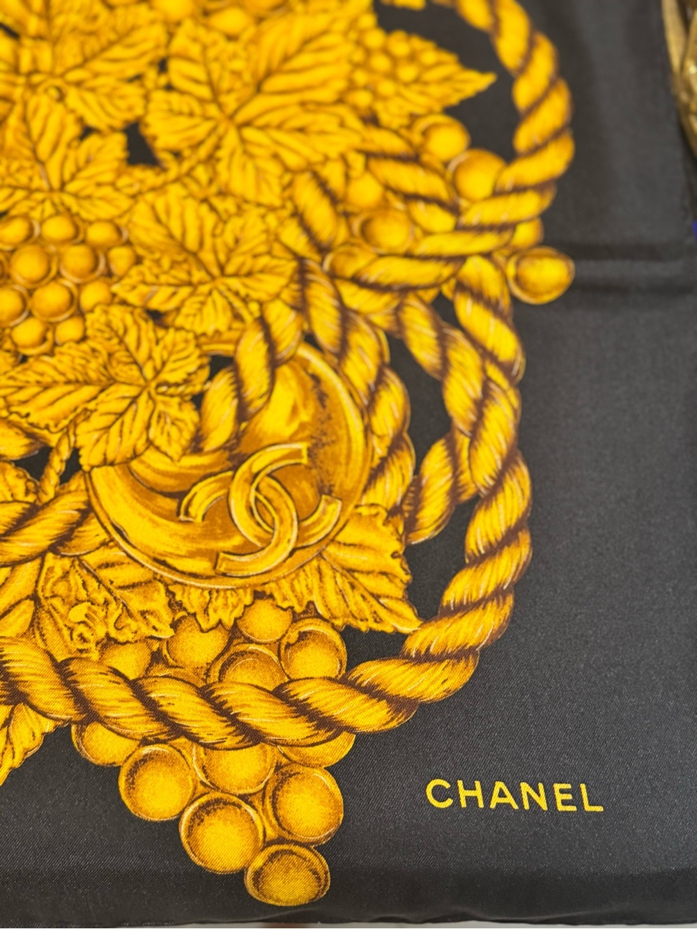 CHANEL Black and Gold Rope Motif Silk Scarf